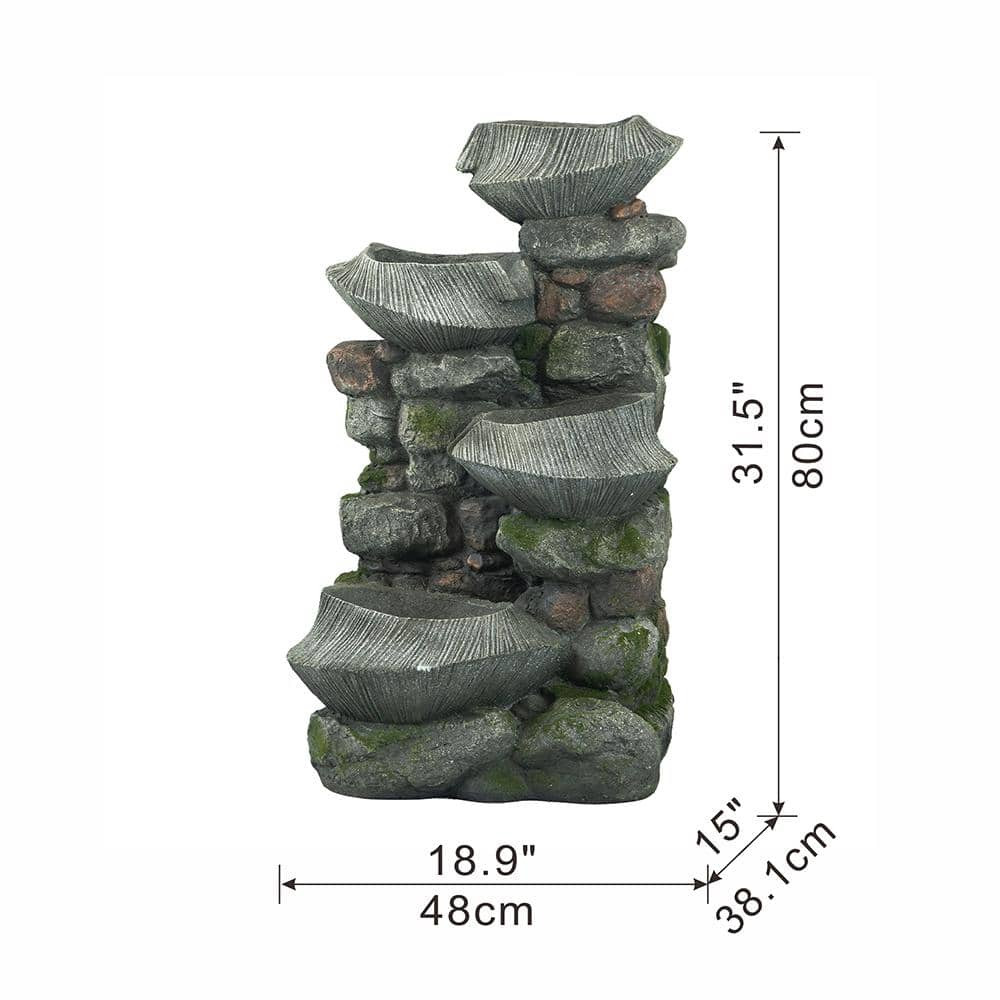 31 in. Tall Outdoor 4-Tier Rock Water Fountain with LED Lights