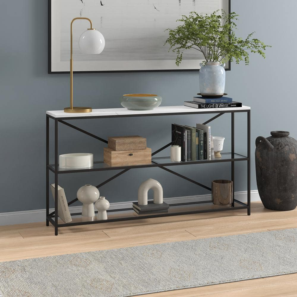 Evelyn&Zoe Fionn 55" Wide Rectangular Console Table with Faux Marble Top, Blackened Bronze