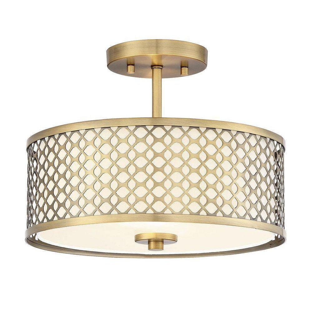 Meridian Elegance 2-Light Natural Brass Ceiling Light with Cream Fabric Shade
