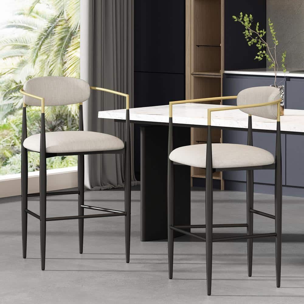 Noble House Boise Fabric and Metal 30 Inch Barstools, Set of 2, Beige, Black, and Gold