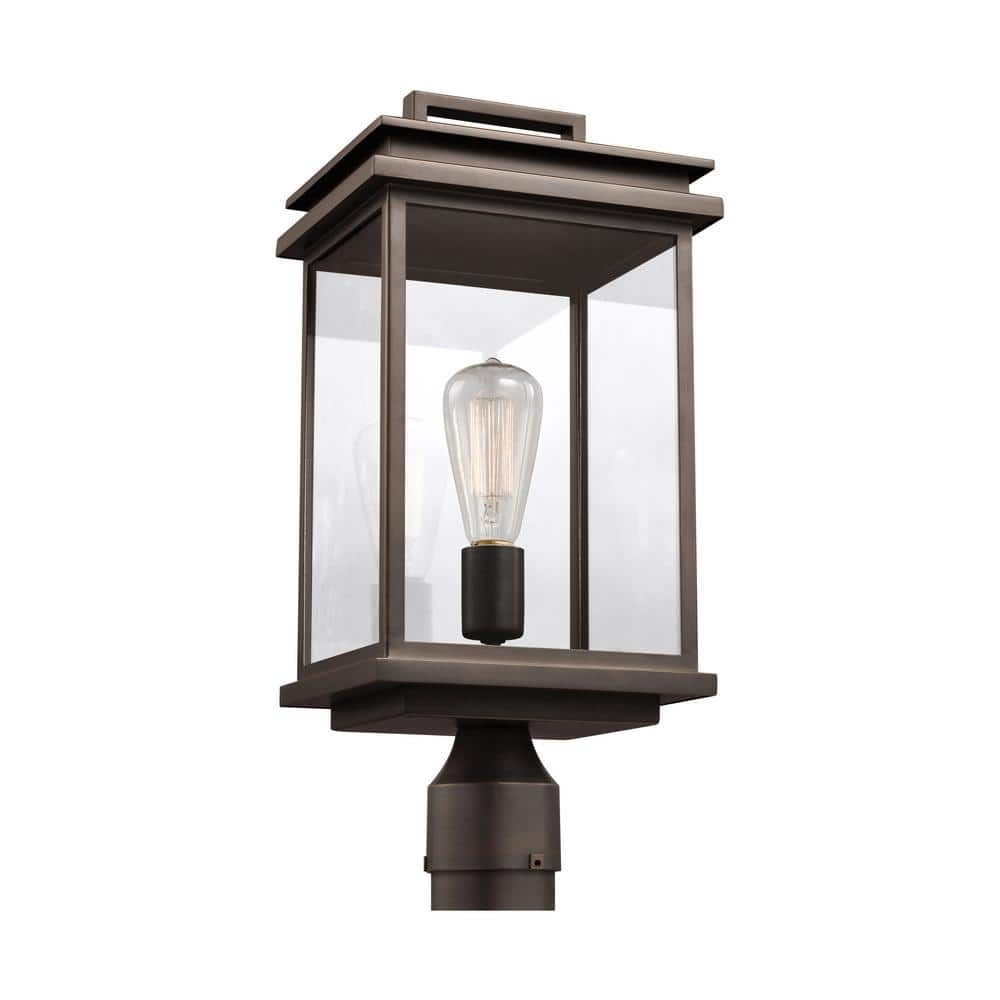 Antique Bronze Rectangular Outdoor Post Lantern with Clear Panels