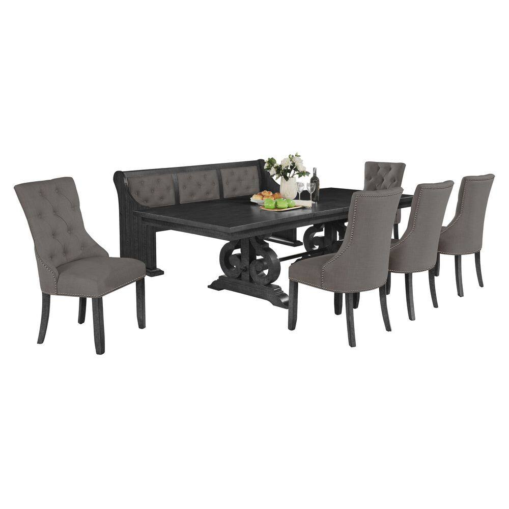 Dark Gray Wood Dining Set with Extendable Table + Gray Linen Chairs + Bench