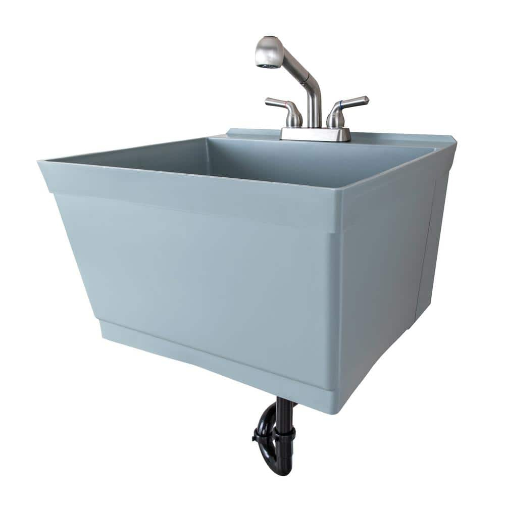 Tehila Wall Mounted Gray Utility Sink with Stainless Finish Pull-out Faucet