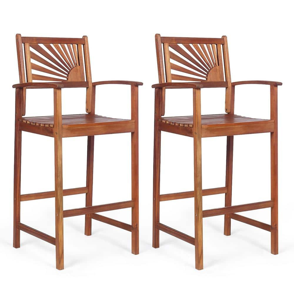 Topbuy Acacia Wood Outdoor Bar Stools with Footrest and Backrest - Set of 2, Reddish Brown