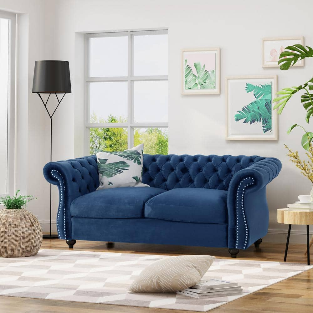 Ember Interiors Aaniya Velvet Chesterfield Loveseat Sofa, Navy Blue