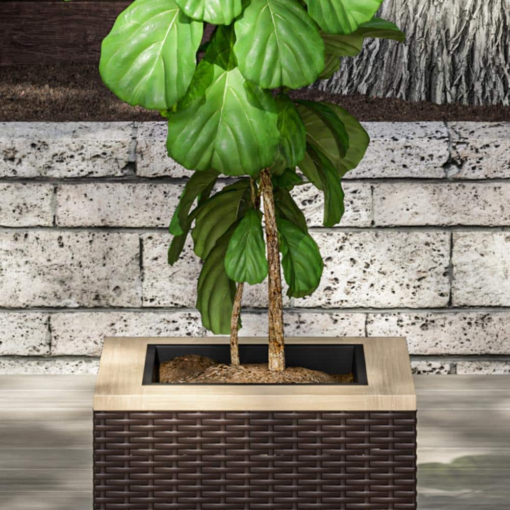 Homestyles Palm Springs Acacia Wood Top and Rattan Outdoor Planter in Dark Brown