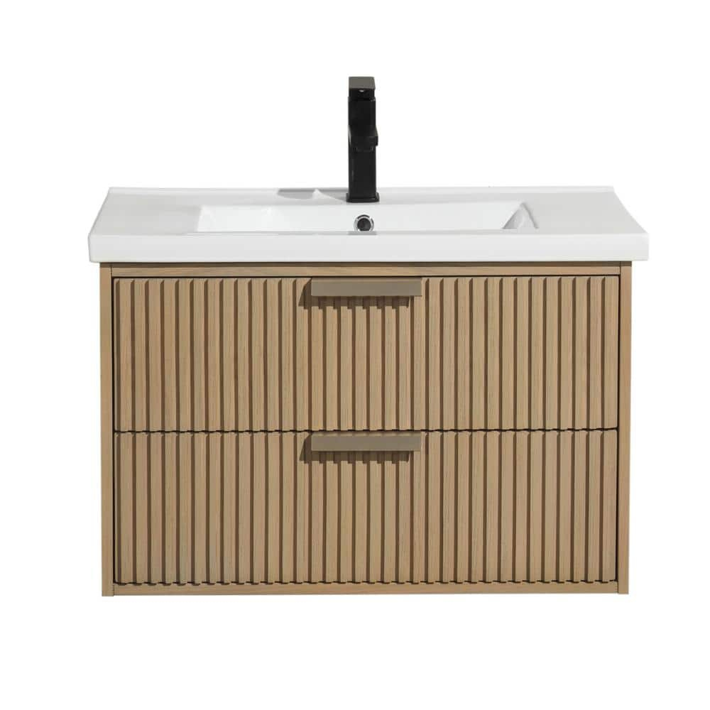 San Diego 30" Oak Floating Bathroom Vanity with Ceramic Sink