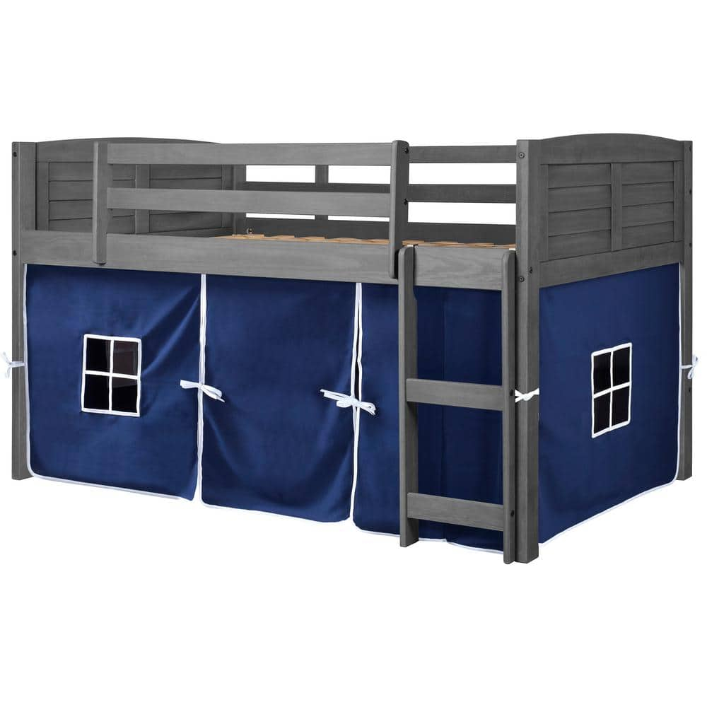 Donco Kids Louver Twin Antique Grey Low Loft Bed with Blue Tent, Twin, Antique Grey