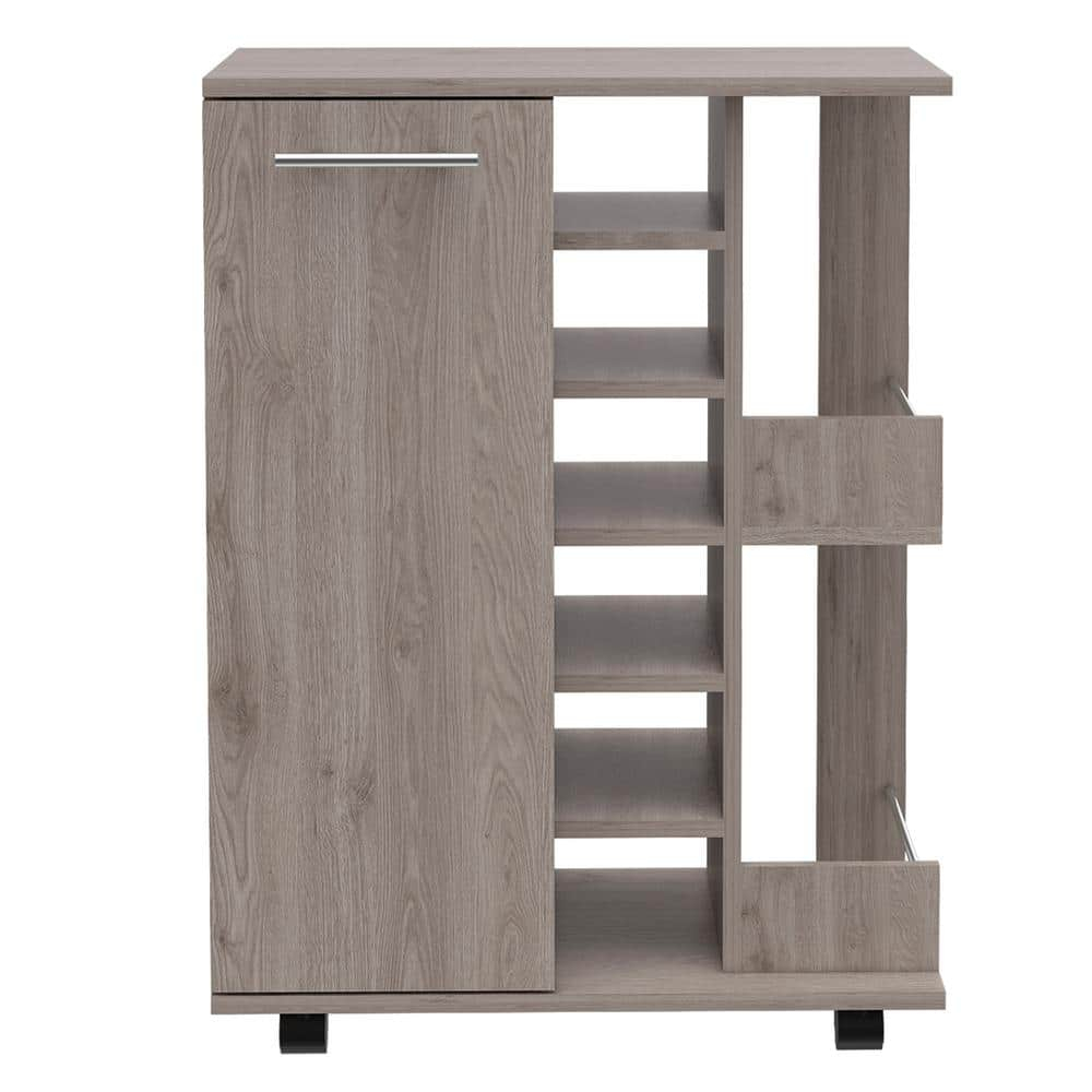 Magda Bar Cart with Four Casters, Six Built-in Wine Rack, Single Door Cabinet, and Two External Shelves, 32.32" H, Light Gray, Living Room
