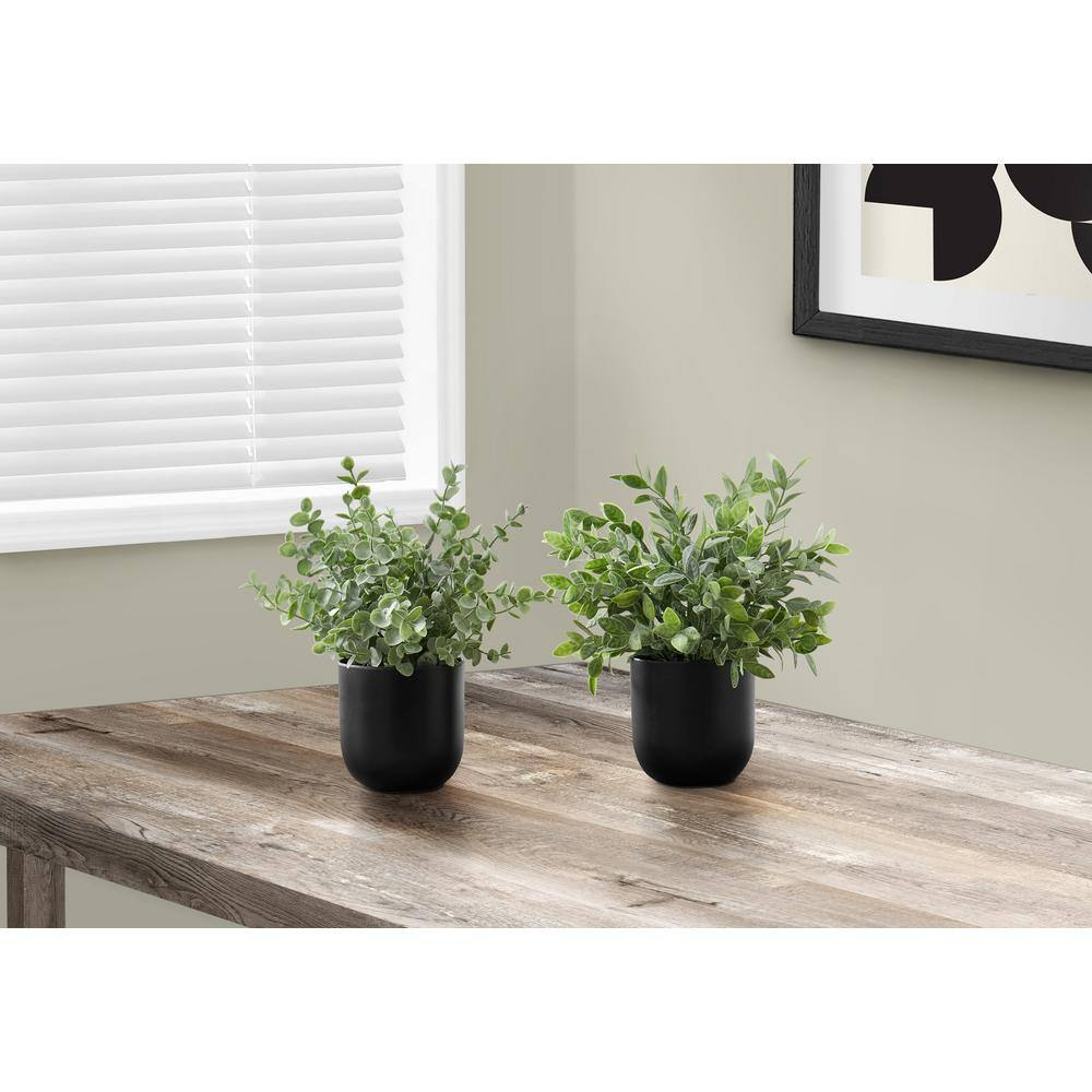 11 in. Decorative Green Leaves Artificial Plant, Black Pots - Set of 2