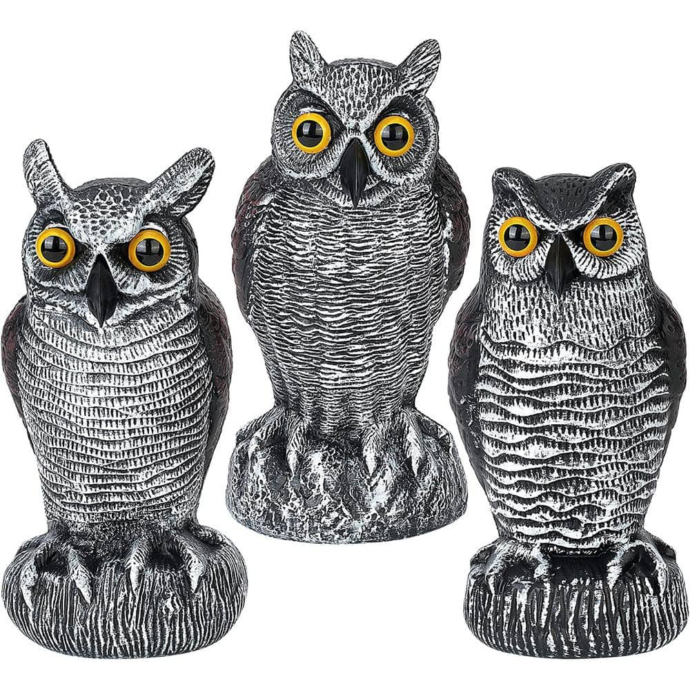 3 Pack Fake Owl Decoys to Scare Birds Away from Gardens and Patios, Lifelike Simulation Owl Bird Deterrent, Nature Enemy Scarecrow Plastic Owl Statues, Pest Repellent, Pigeon Deterrent