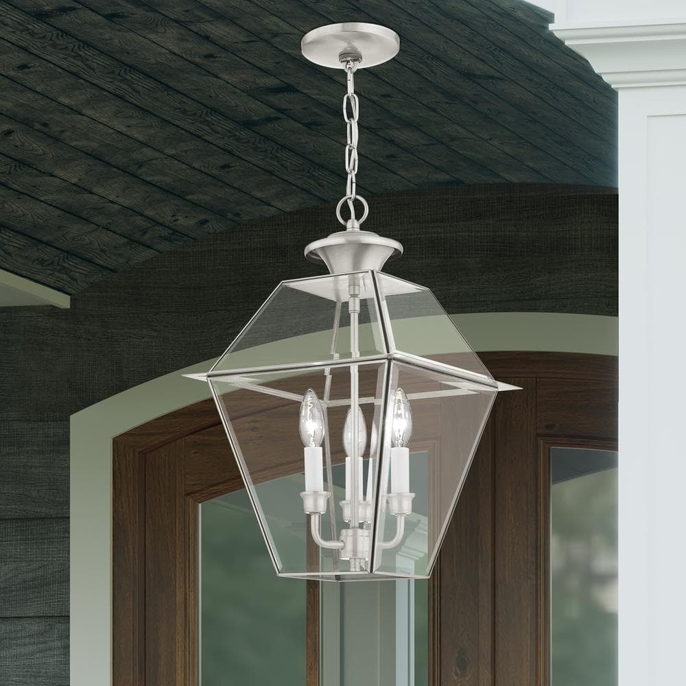 3 Light Outdoor Pendant Lantern in Farmhouse Style 12 inches Wide By 18.5 inches High-Brushed Nickel Finish Bailey Street Home 218-Bel-2255871