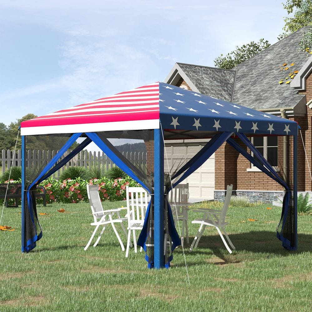 10 ft x 10 ft American Flag Pop-Up Canopy Tent with Mesh Netting