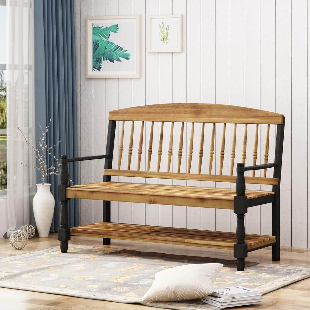 GDF Studio Kuhn Indoor/Outdoor Acacia Wood Bench with Shelf, Teak and Black
