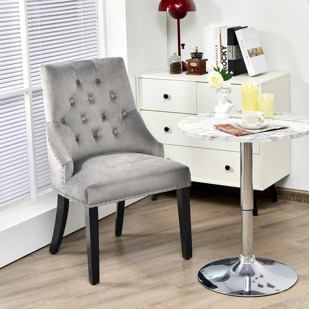 Velvet Dining Chair Upholstered Tufted Armless w/ Nailed Trim & Ring Pull Grey