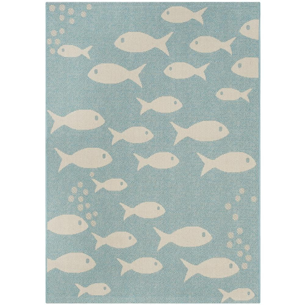 SAFAVIEH Courtyard Trena Fish Print Indoor/Outdoor Area Rug, 2'7" x 5', Aqua/Beige
