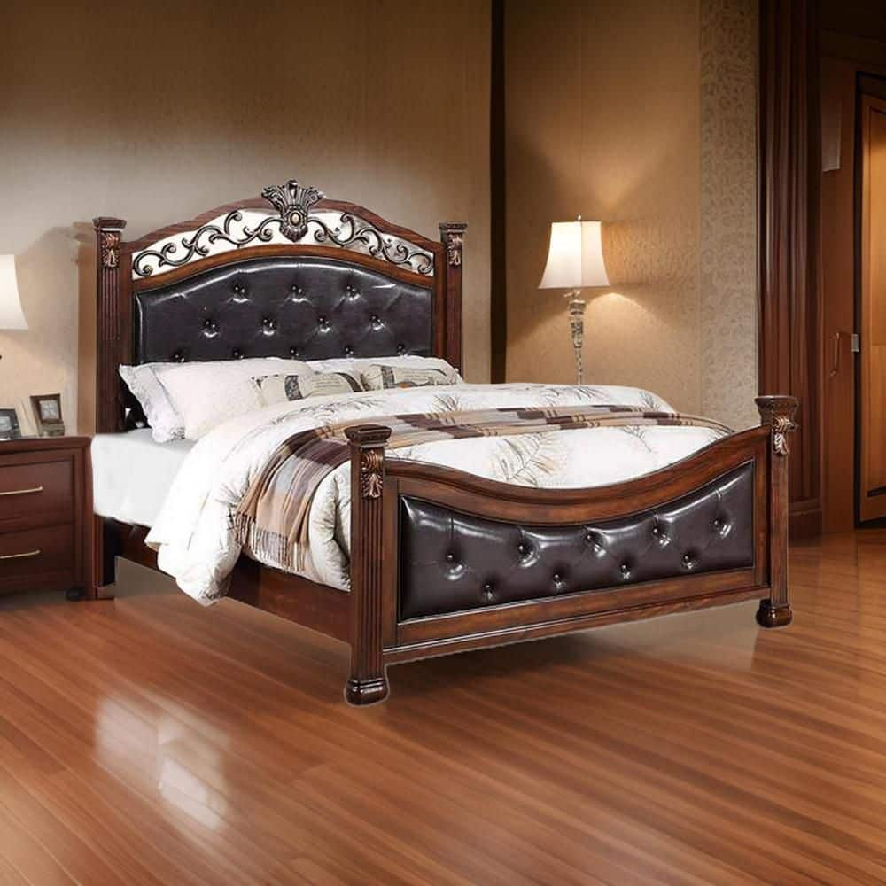 Jax California King Size Bed, Button Tufted Upholstered Headboard - Brown & Gray