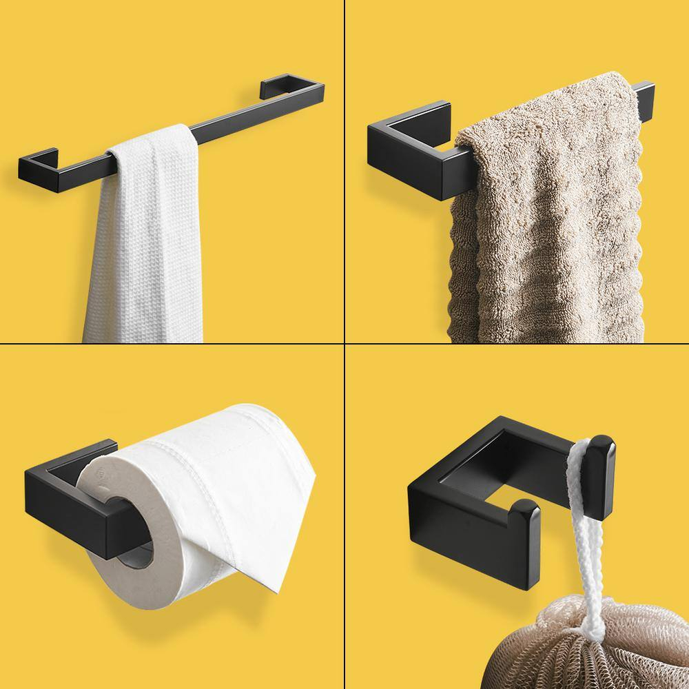 4-Piece Bathroom Hardware Accessory Set with 24" Towel Bar Towel Ring Paper Holder Robe Hook Matte Black