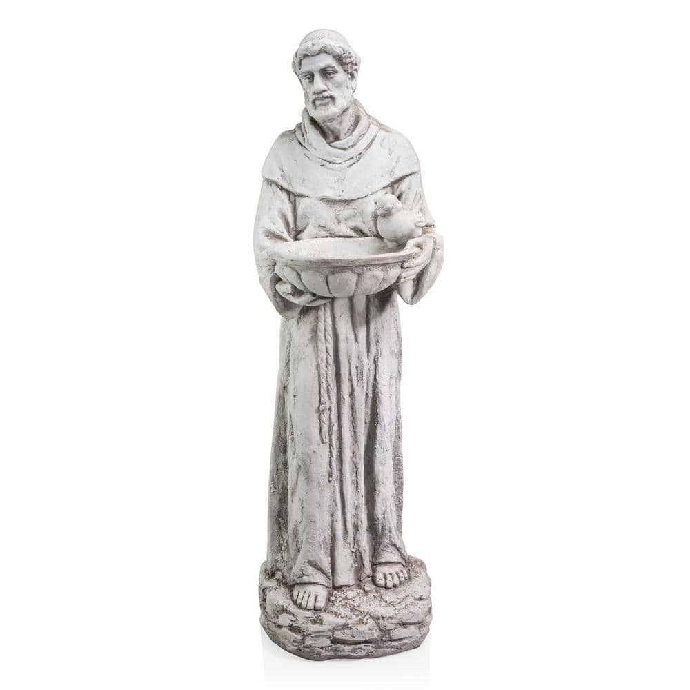 45 in. Tall Outdoor Saint Francis Birdbath Statue Yard Art Decoration, Light Gray