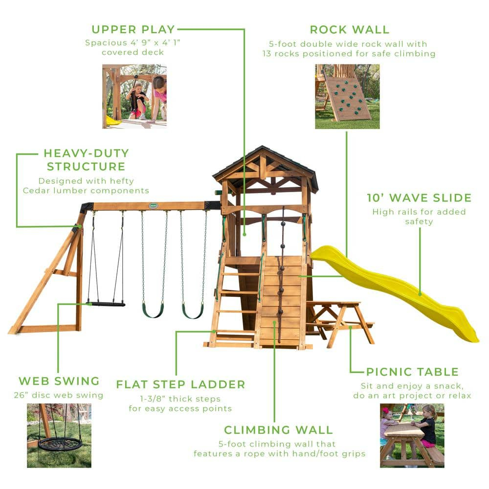 Backyard Discovery Endeavor II Cedar Wood Swing Set, Slide, Play Deck, Double Rock Wall