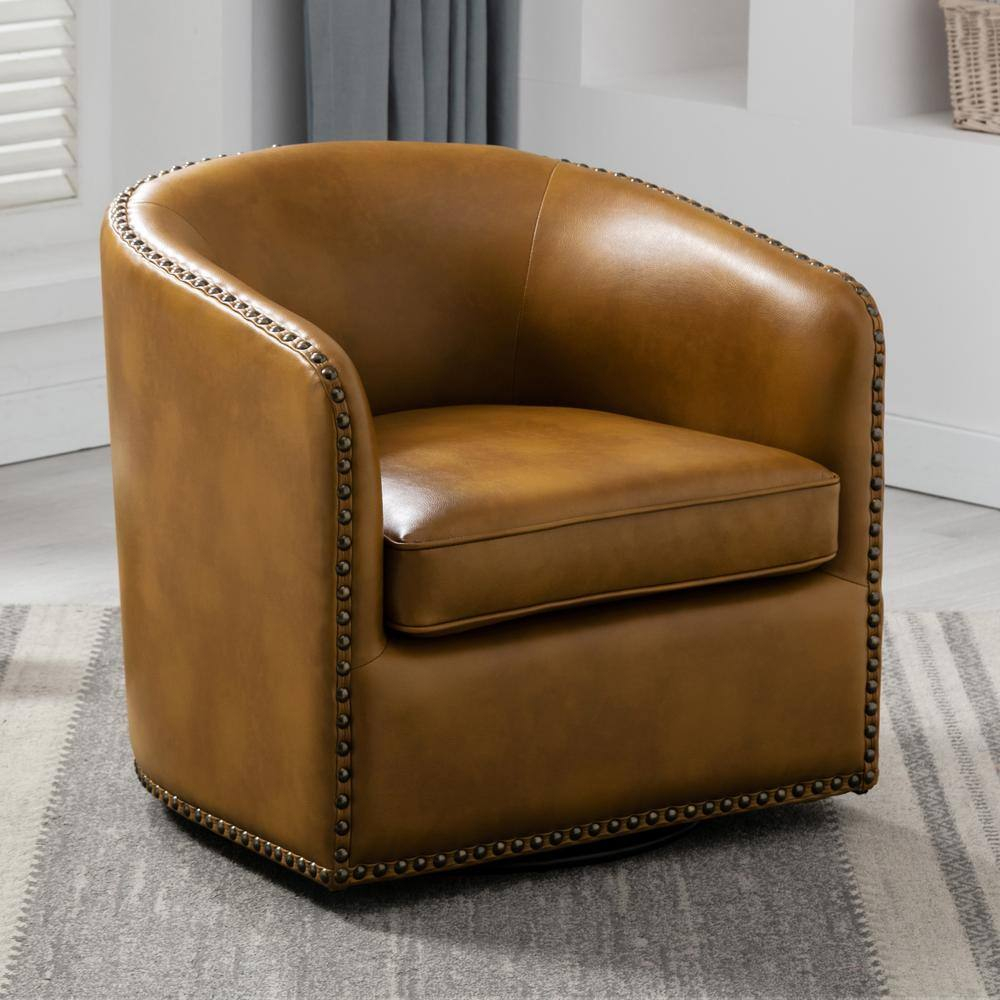 Comfort Pointe Tyler Faux Leather Solid Swivel Armchair, Camel Brown