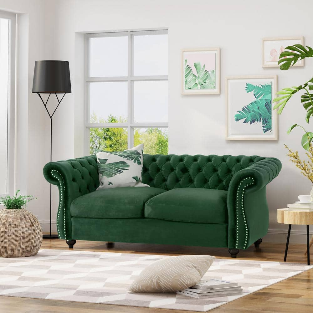 Noble House Aaniya Velvet Tufted Chesterfield Loveseat Sofa, Emerald