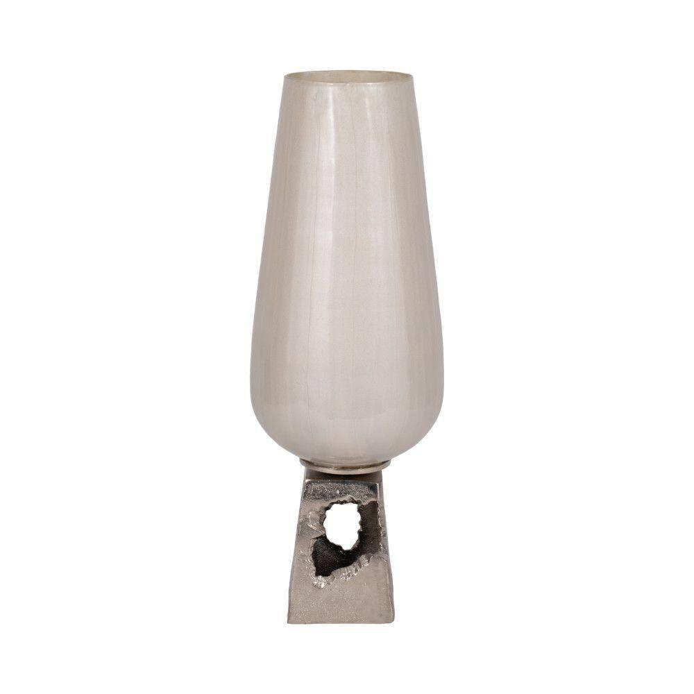 Glass, 19"h Vase with  Metal Base, Pearl White