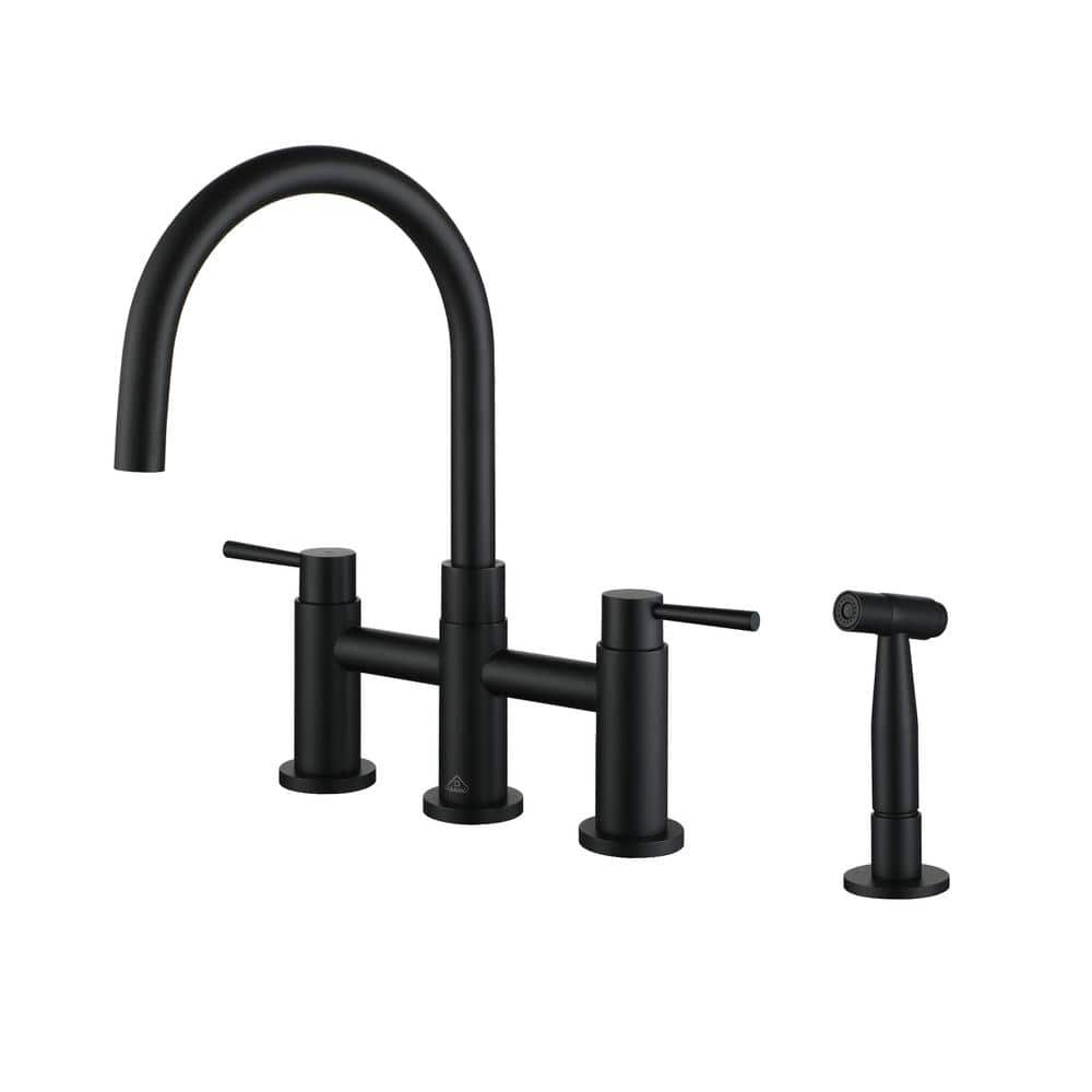 Double Handle Bridge Kitchen Faucet with Side Sprayer in Matte Black