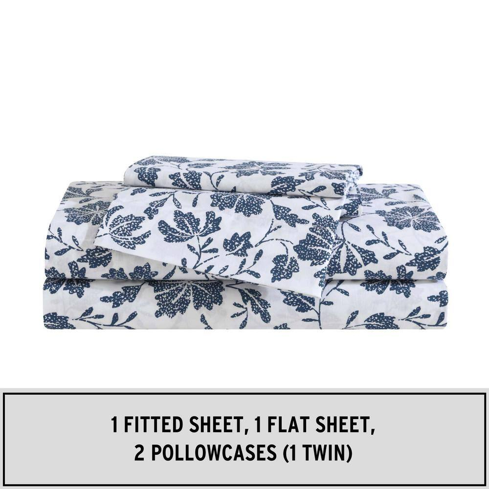 Queen Blue Floral Cotton Percale Deep Pocket Sheet Set