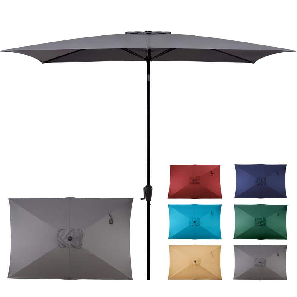 Sun-Ray 6.6x10 FT Rectangular Patio Umbrella with Push-Button Tilt and Hand Crank Canopy Lift, Table Umbrella with Solution Dyed Navy Fabric for Porch, Deck, Garden, and Swimming Pool, Grey