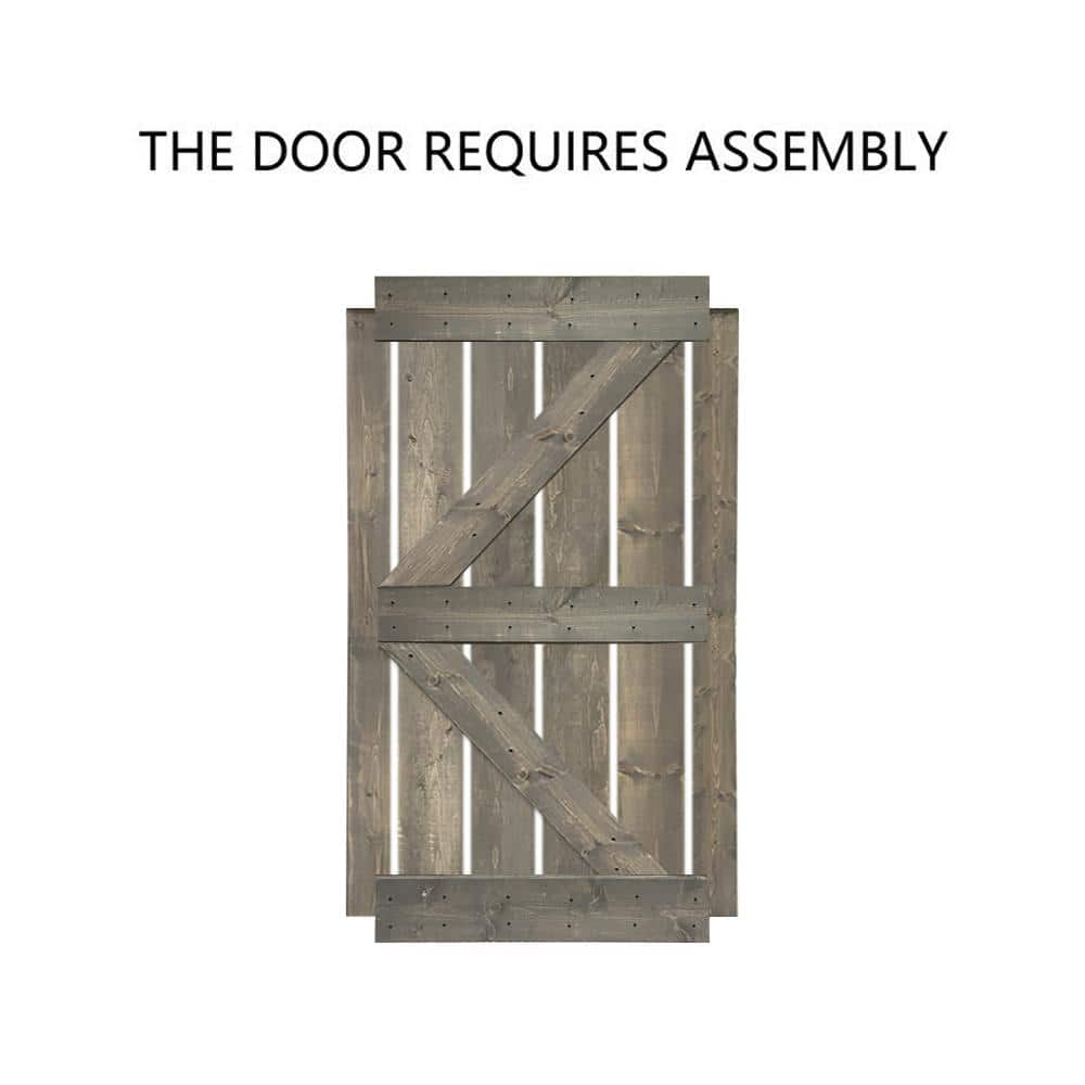 84 in Weather Gray Knotty Pine Wood Double Sliding Barn Door with Hardware Kit