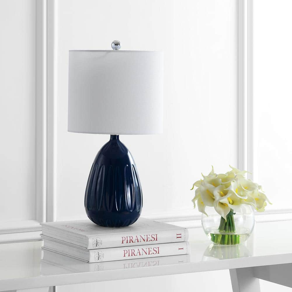 Navy Geometric Pattern 20" Table Lamp with Off-White Shade