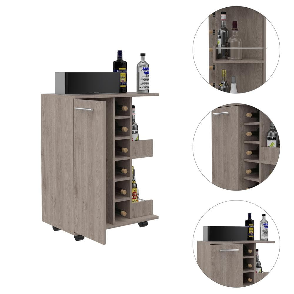 Magda Bar Cart with Four Casters, Six Built-in Wine Rack, Single Door Cabinet, and Two External Shelves, 32.32" H, Light Gray, Living Room