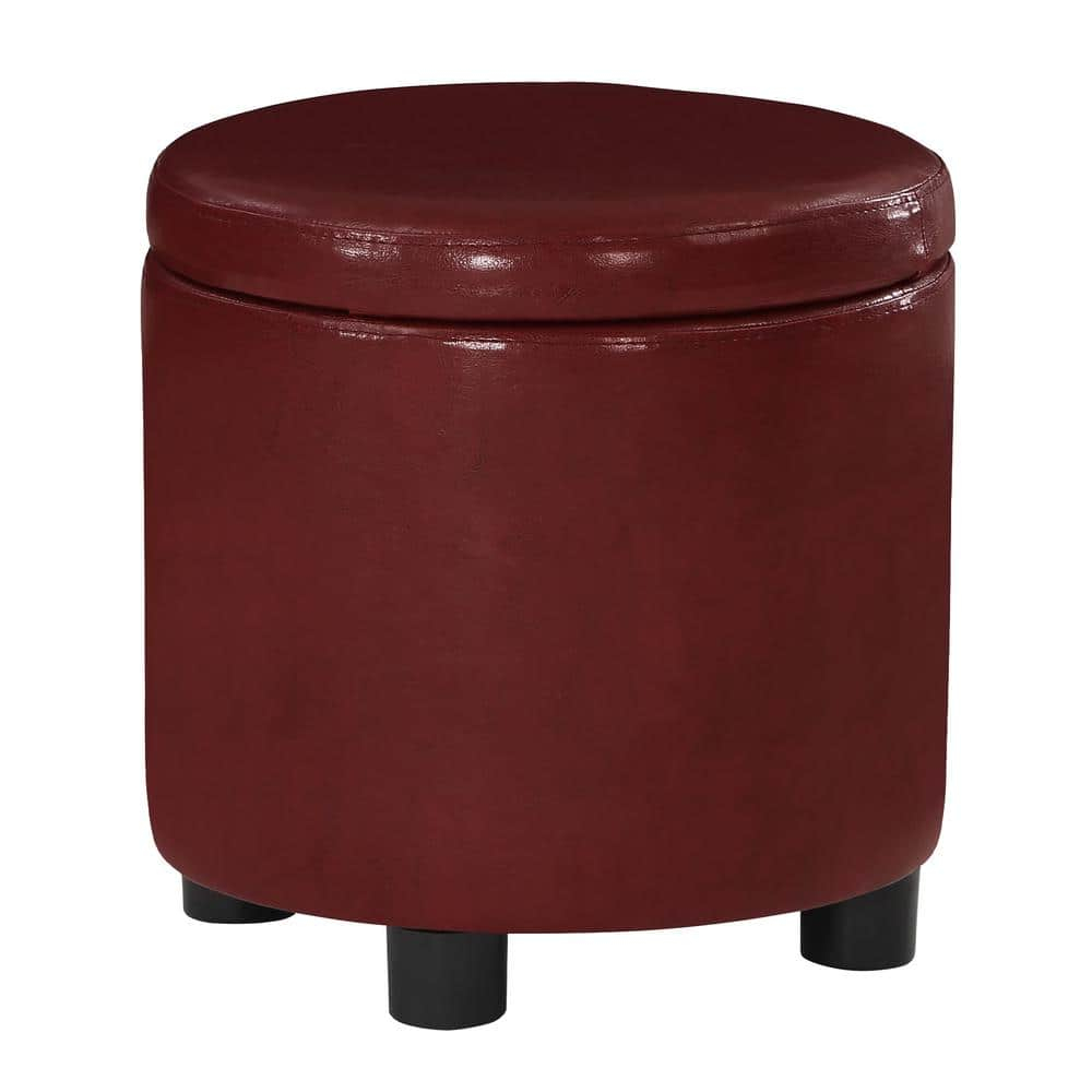 Burgundy Faux Leather Round Storage Ottoman with Reversible Tray