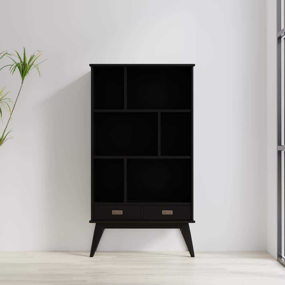 Simpli Home Draper SOLID HARDWOOD 64 inch x 35 inch Mid Century Modern Wide Bookcase and Storage Unit in Black