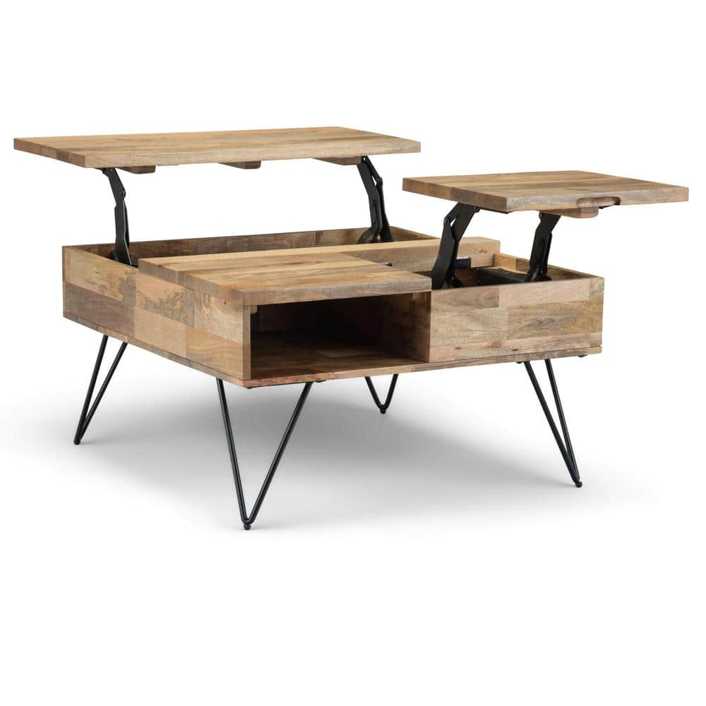 Simpli Home Hunter SOLID MANGO WOOD and Metal 32 inch Wide Square Industrial Lift Top Coffee Table in Natural