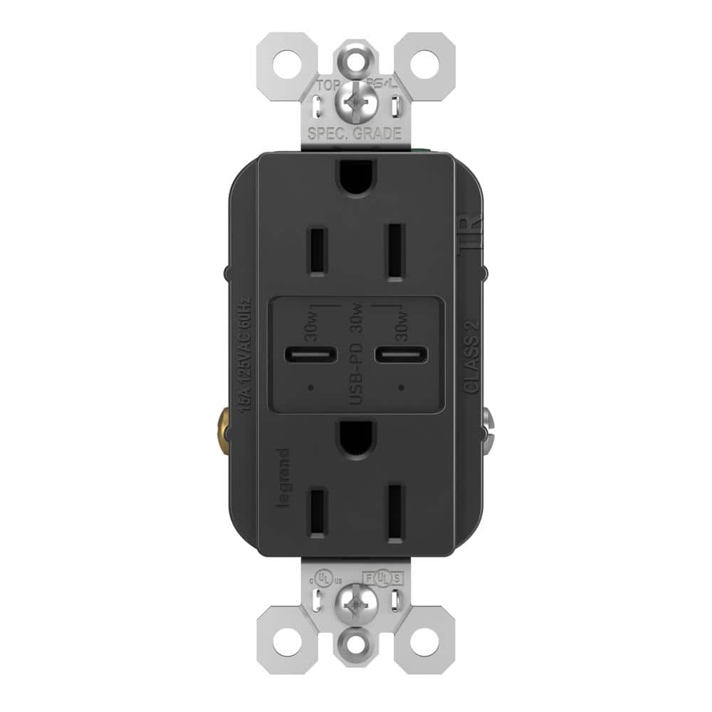 Legrand radiant R26USBPDBK 15 Amp Tamper-Resistant Decorator Duplex Receptacle Outlet with Ultra Fast USB C/C 6.0A Charging Ports PLUS 30W Power Delivery, Black (1 Count)