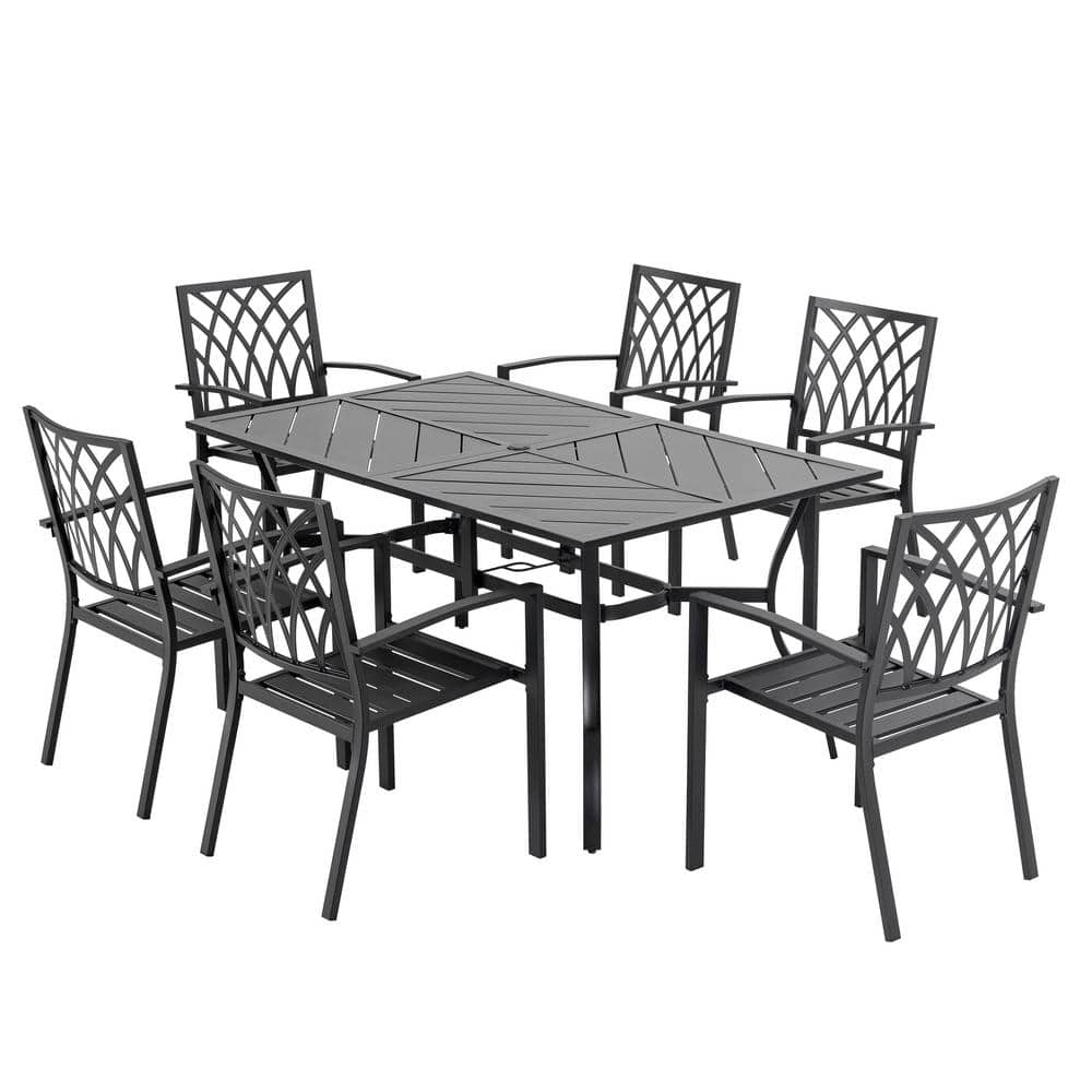 Nuu Garden Outdoor 7-Piece Iron Dining Set with 1.77'' Umbrella Hole