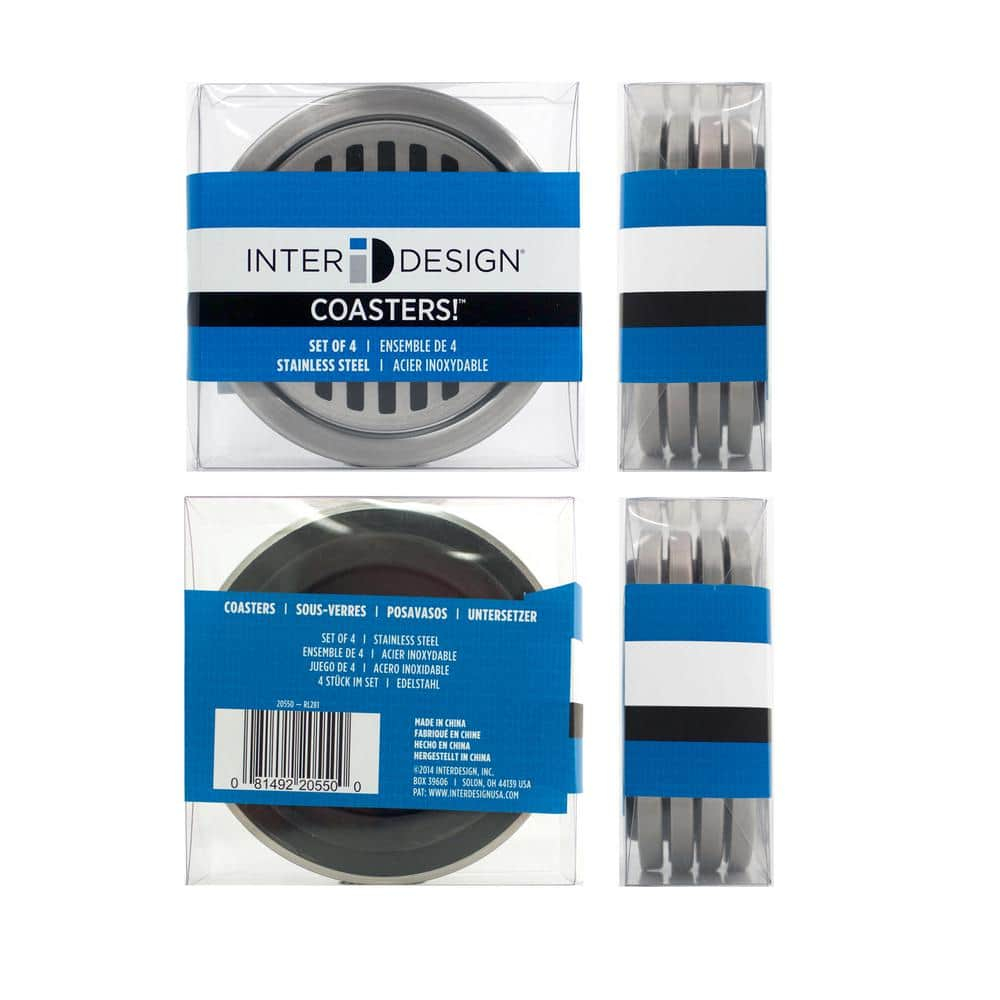 iDesign Forma Brushed Stainless Steel Drink Coasters for Home Counters, Kitchen, Dining Room, Living Room, Patio, Coffee Table, Set of 4, Black,20550