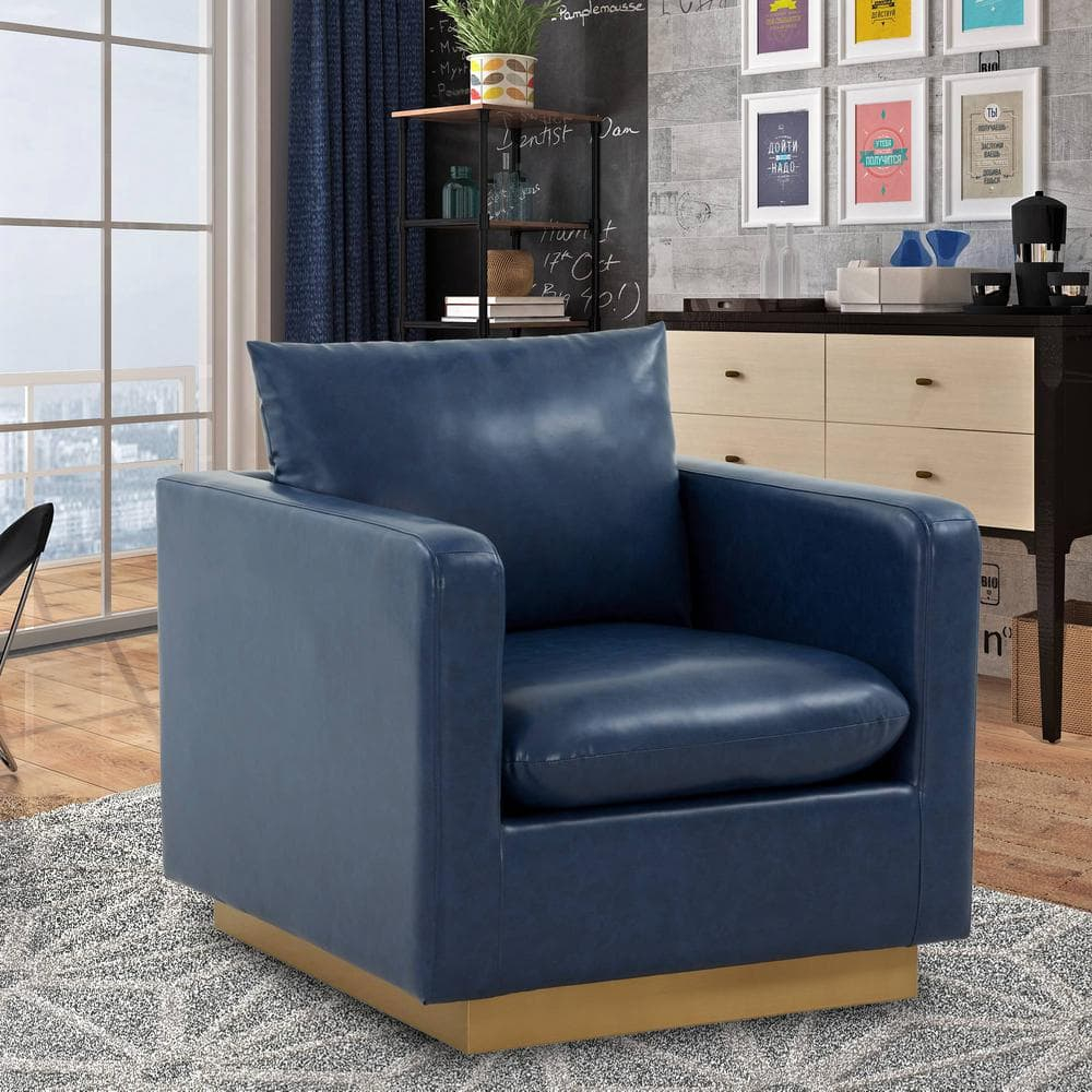 LeisureMod Nervo Modern Leather Upholstered Accent Arm Chair With Gold Frame in Navy Blue