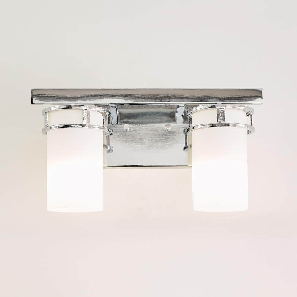 Robie 14 in. 2-Light Chrome Transitional Rustic Wall Bathroom Vanity Light with Etched White Glass Shades