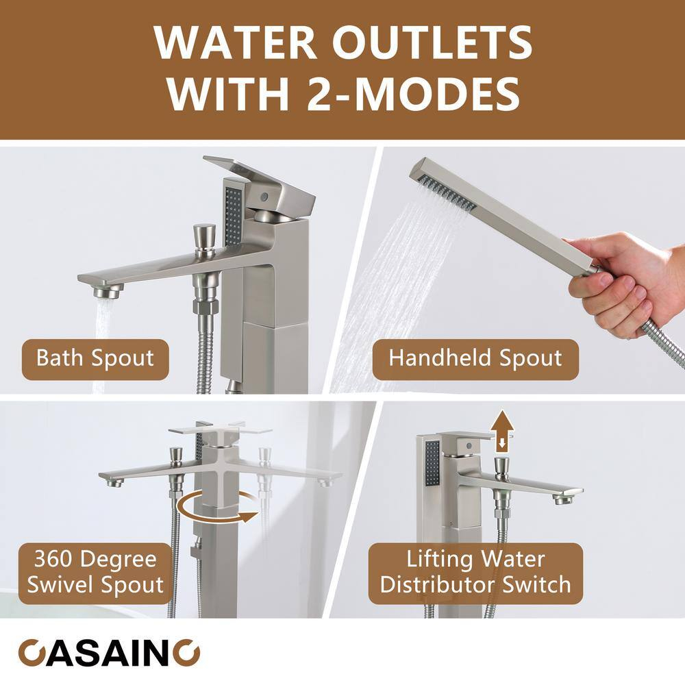 1-Handle Floor Mount Freestanding Tub Faucet with Handheld Shower in Brushed Nickel