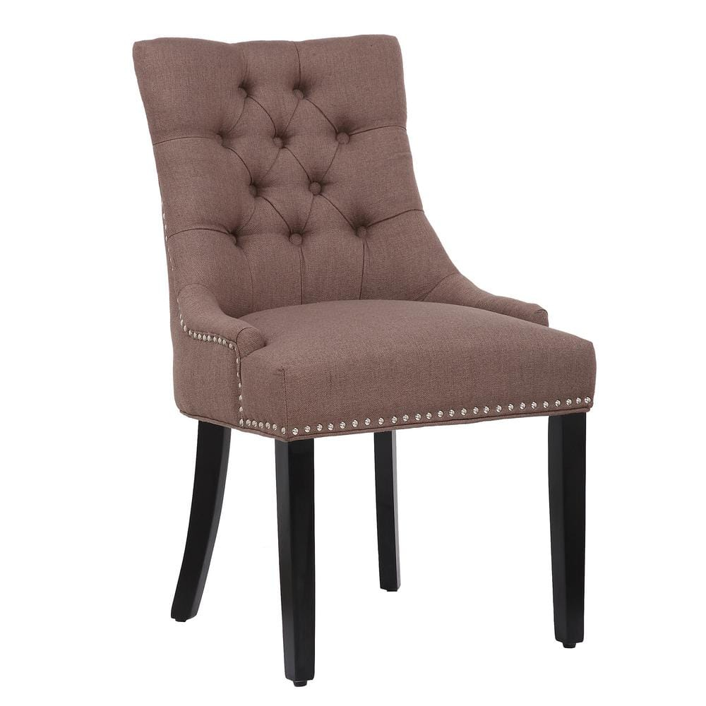 Polytrends Grandview Tufted Upholstered Linen Fabric Dining Chair Dining Chairs Brown Rubberwood,Acacia Tufted,Nailheads Farmhouse,Modern &