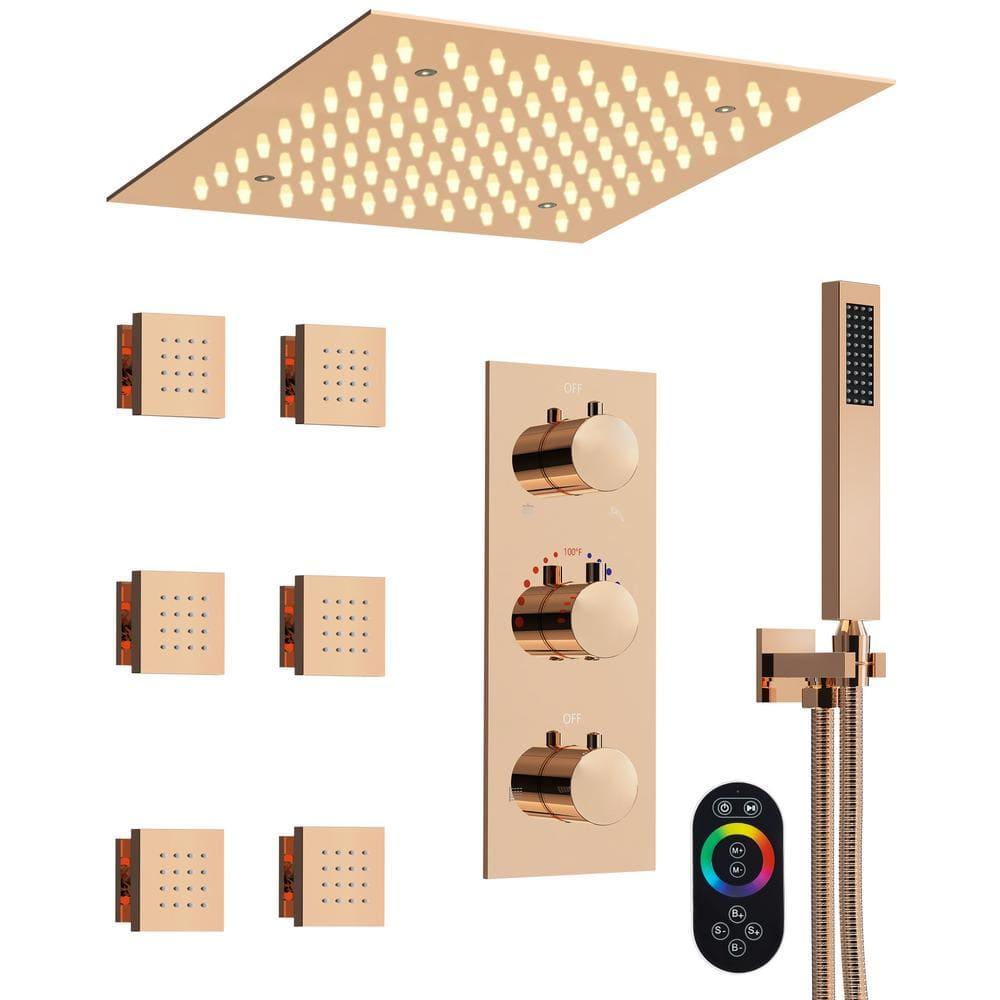 GRANDJOY RGB LED 5-Spray Shower System Ceiling Mount 12 in. Fixed and Handheld Shower Head Shower Faucet Set Thermostatic Valve Kit Rose Gold