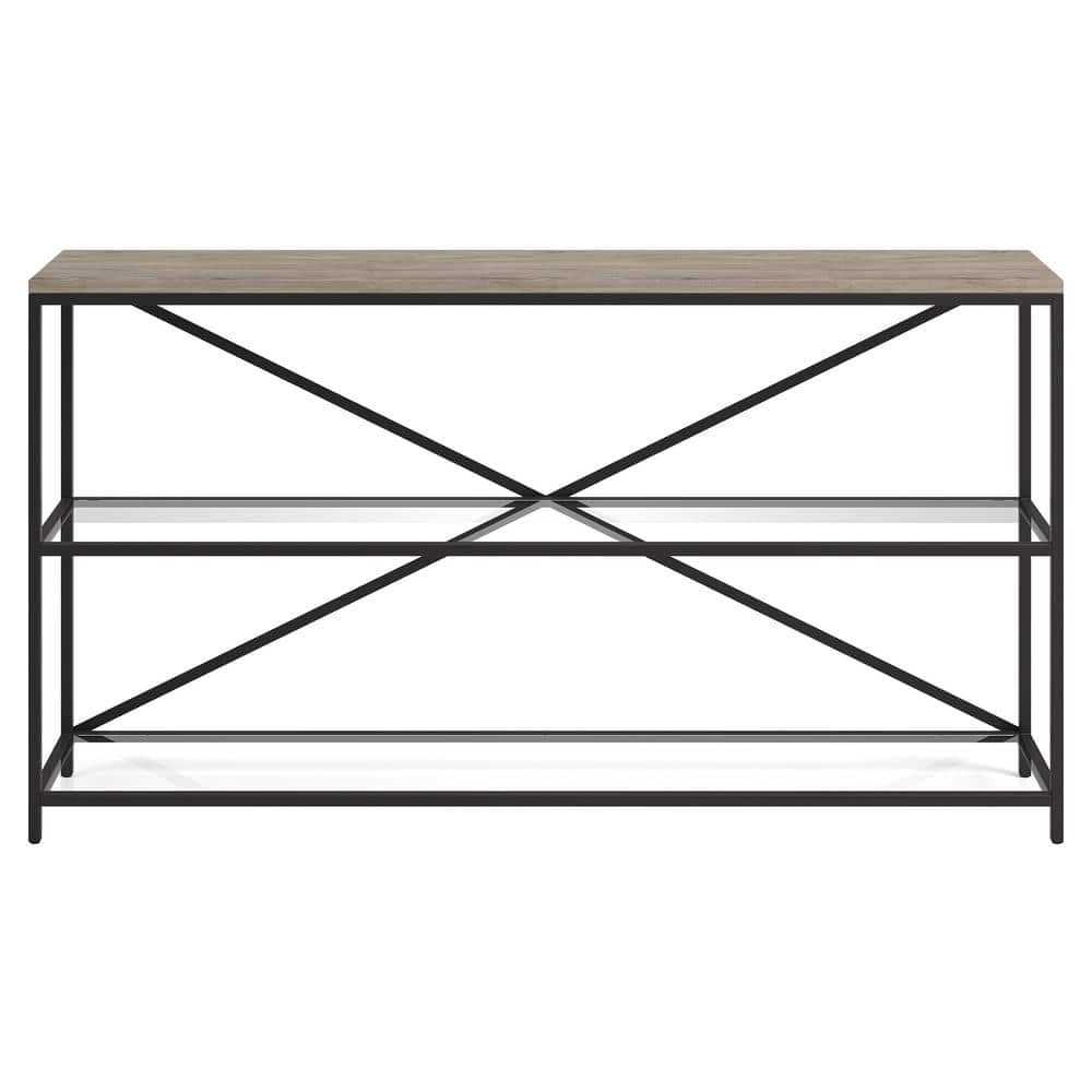 Evelyn&Zoe Fionn 55" Wide Rectangular Console Table, Blackened Bronze/Antiqued Gray Oak