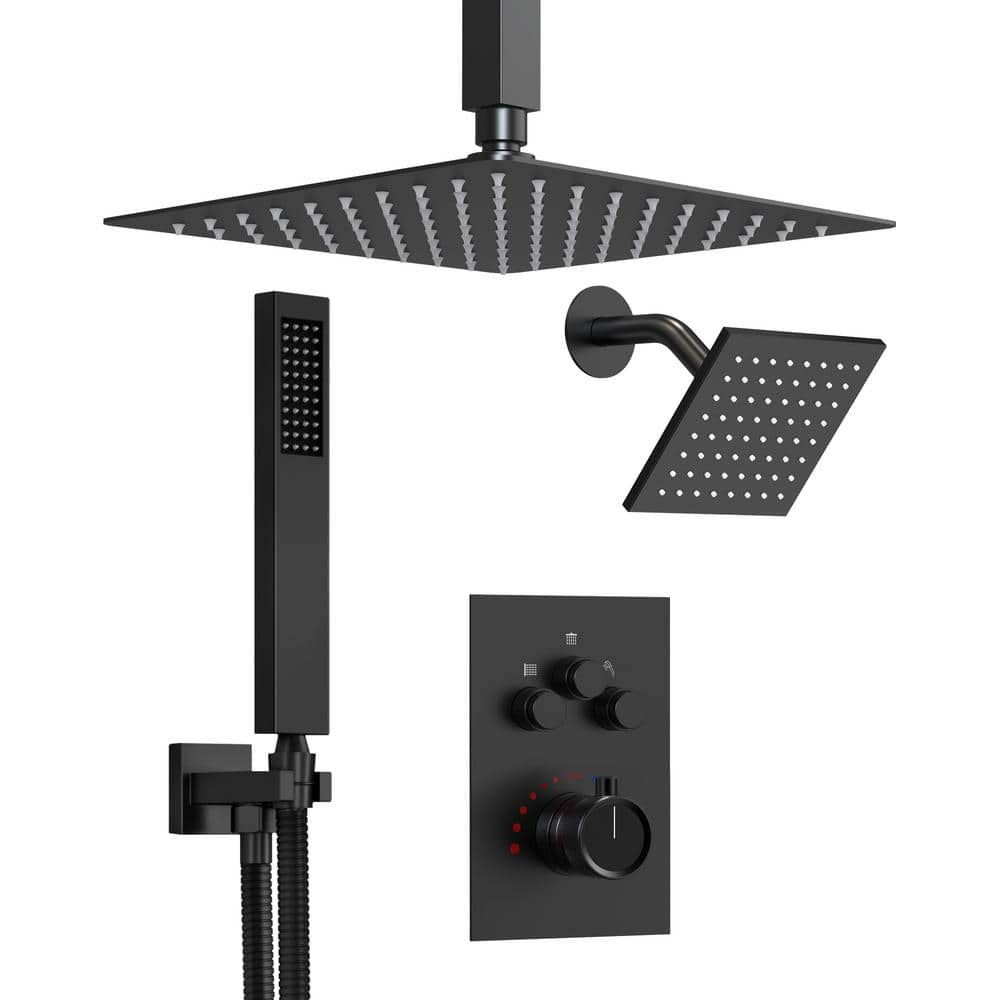GRANDJOY Dual Wall Mount Rainfall Shower Head System Luxury Adjustable 12 inch & 6 inch Shower Faucet Set with Handheld Shower Spray Thermostatic Pressure Balance Value, Matte Black