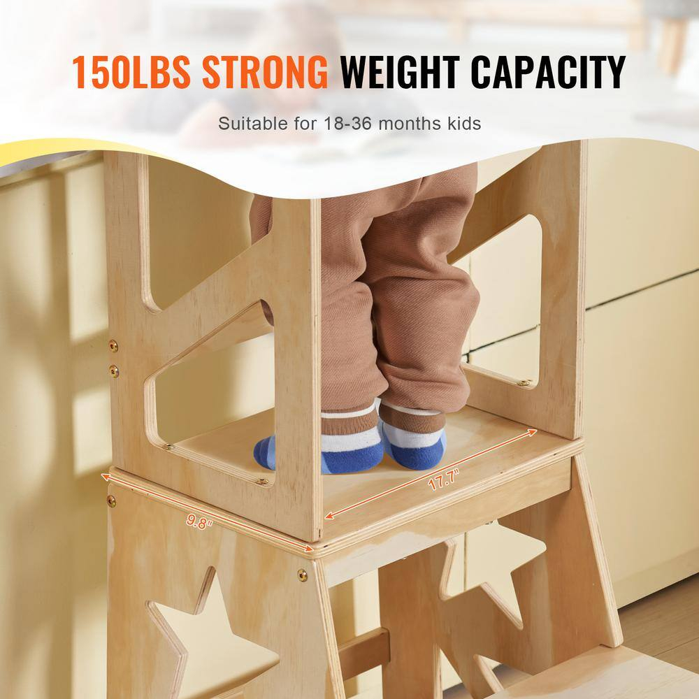 Toddler Step Stool 150lbs. Load Natural Pine Wood Toddler Stool Helper with Safety Rail for Bedroom Bathroom Kitchen Kid