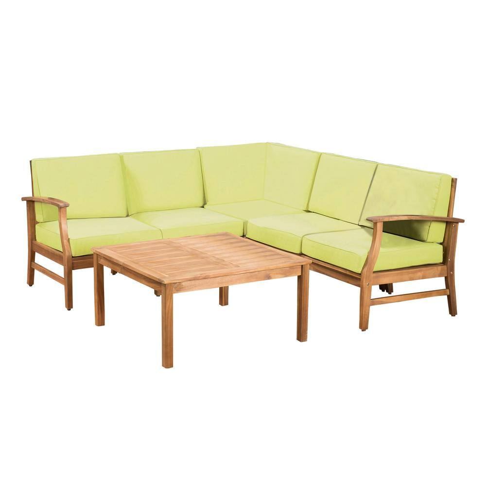 Hermosa 6 Piece Outdoor Acacia Wood Chat Set with Cushions, Teak Finish, Green