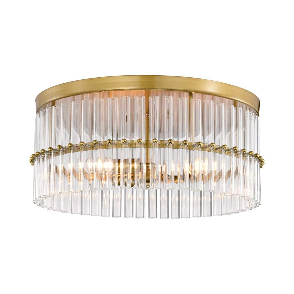 Luxury Round Antique Brass Metal with Tube Crystal 18 Inch Semi Flush Mount, Unique Elegant Ceiling Light, Hand-polished Close to Ceiling Light, Flush Mount Light for Living Room, Dining Room, Bedroo