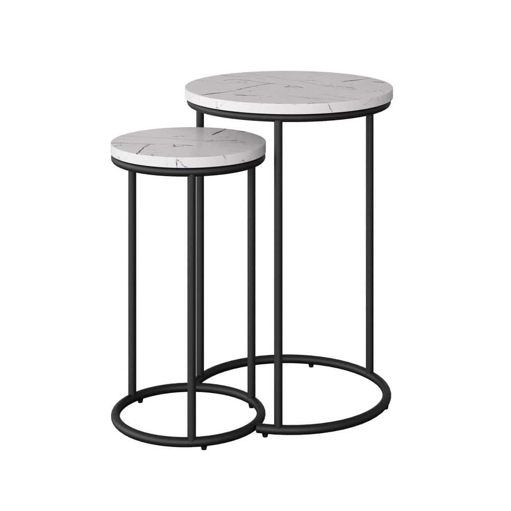 CorLiving Fort Worth White Faux Marble Finish Engineered Wood Round Tall Nesting Side Tables with Black Steel Base